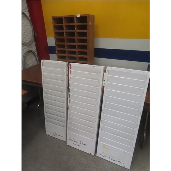 2 Wall-Mount Metal Invoice Racks, 15x42, and Counter-Top Wood Pigeon Hole Rack, 21x31x9