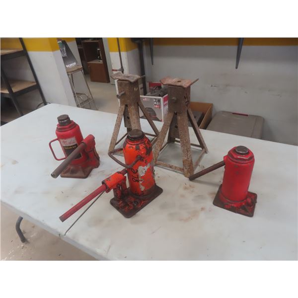 3 Hydraulic Bottle Jacks, Up to 12 Ton, and 2 Jack Stands