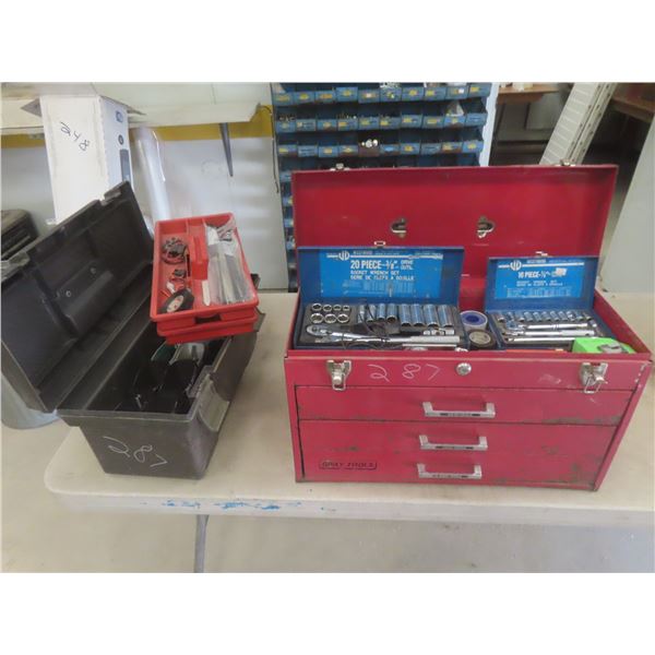 Metal Tool Box w/ 1/4" and 3/8" Socket Set, Teflon Tape, Files, Punches, Vise Grips, Screwdrivers