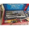 Image 2 : Metal Tool Box w/ 1/4" and 3/8" Socket Set, Teflon Tape, Files, Punches, Vise Grips, Screwdrivers