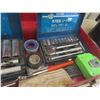 Image 3 : Metal Tool Box w/ 1/4" and 3/8" Socket Set, Teflon Tape, Files, Punches, Vise Grips, Screwdrivers