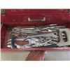 Image 5 : Metal Tool Box w/ 1/4" and 3/8" Socket Set, Teflon Tape, Files, Punches, Vise Grips, Screwdrivers