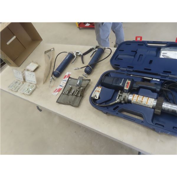 Lincoln 110V Power Grease Gun, 2 Hand Grease Guns, Adapter Set, and Grease Zerks (Nipples)