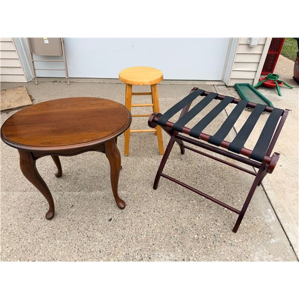 QUEEN ANNE TABLE, LUGGAGE RACK, AND STOOL