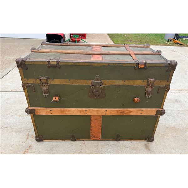 VINTAGE TRAVEL CHEST/TRUNK - METAL AND WOOD-BOUND STEAMER TRUNK