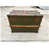 Image 3 : VINTAGE TRAVEL CHEST/TRUNK - METAL AND WOOD-BOUND STEAMER TRUNK