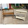 Image 1 : VINTAGE 1960S COTTAGE-STYLE SOLID MAPLE TWO-SEAT SETTEE BENCH AND CONSOLE SIDE TABLE