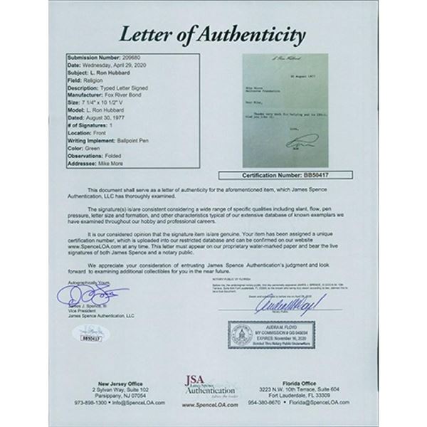 Scientology Founder L. Ron Hubbard Signed Typed Letter JSA Authenticated
