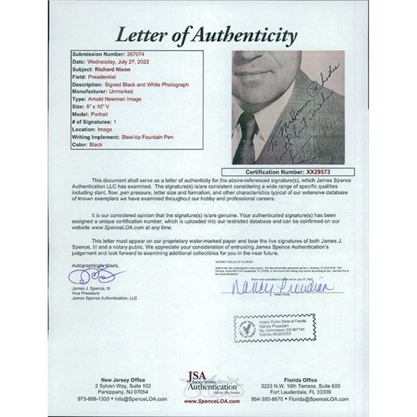 President Richard Nixon Signed Photo JSA Authenticated