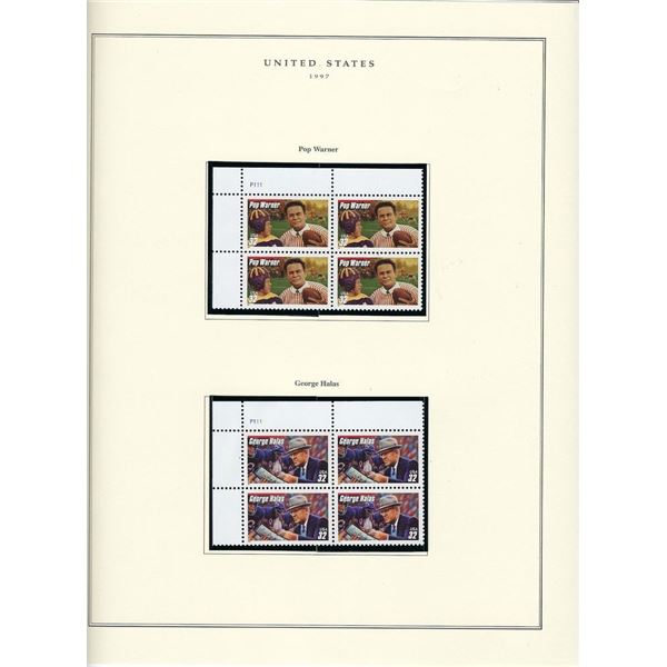 1997 US stamp collector sheet featuring Pop Warner and George Halas stamps