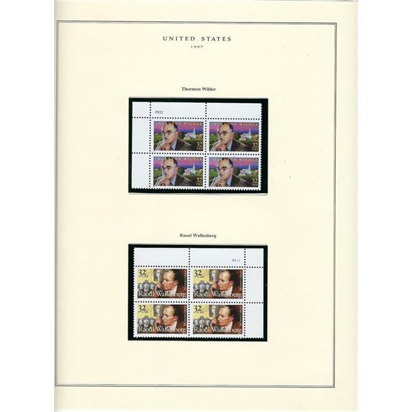 1997 US stamp collector sheet featuring Thornton Wilder and Raoul Wallenberg stamps