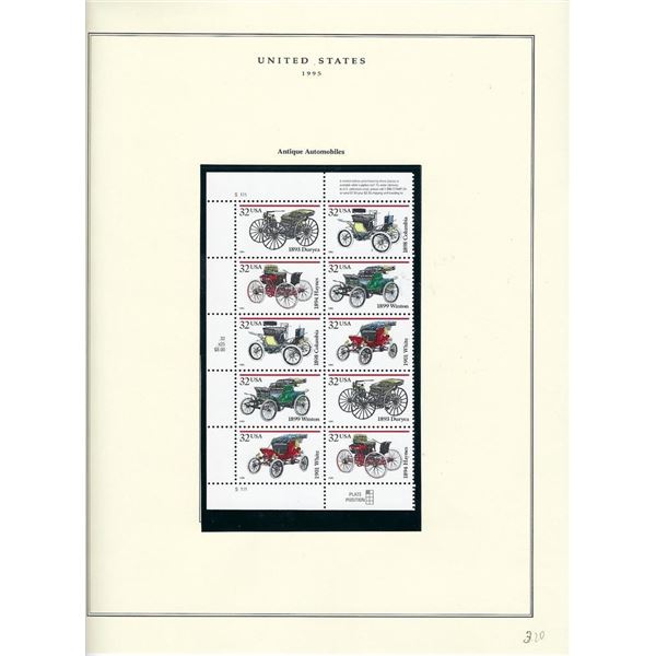 1995 US stamp collector sheet featuring Antique Automobiles stamps