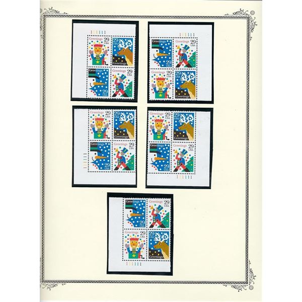 Season's Greetings stamps 3 plate blocks 20 x 29 cent stamps