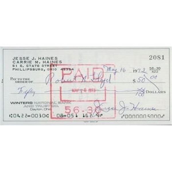 St. Louis Cardinals Jesse Haines Signed Cancelled Check JSA Authenticated