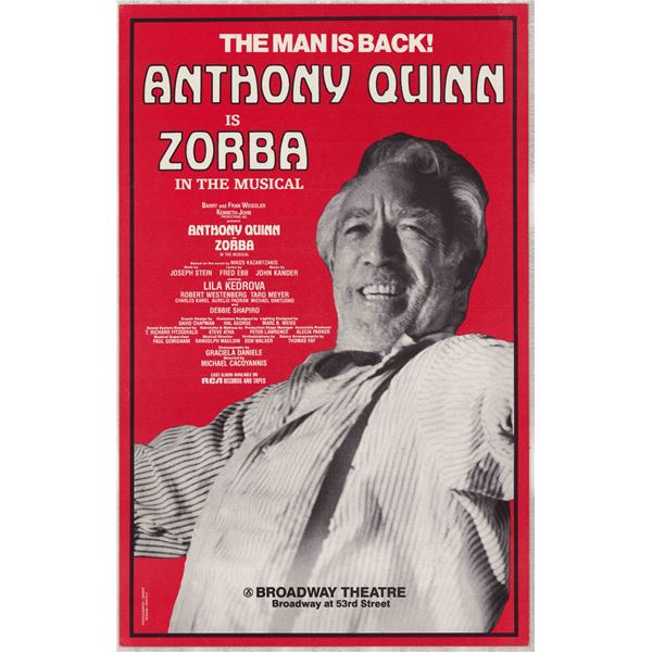 Zorba Starring Anthony Quinn, Original Broadway Production Poster - The Man is Back!