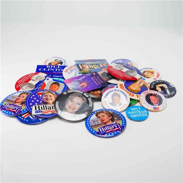 A Collection of approximately 25 Bill and Hillary Clinton Presidential Campaign Pins and Buttons