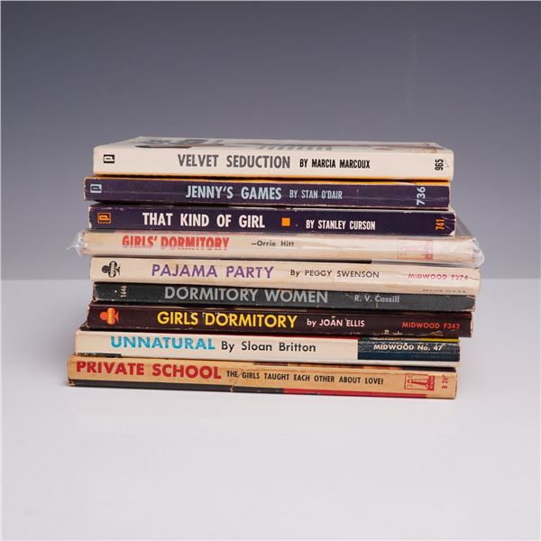9pc Lesbian Pulp Fiction Paperback Books. Various Publishers, circa 1950s-1960s.