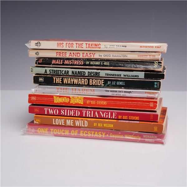 10pc Mid-Century Sleaze and Erotica Pulp Fiction Paperbacks. Various Publishers, c. 1950-1965.