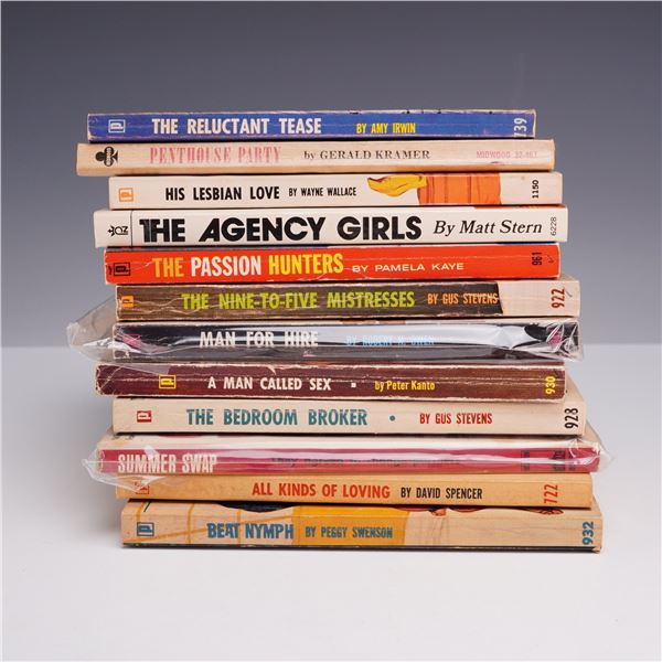 12pc Vintage Erotica Sleaze Pulp Fiction Paperbacks. Various Publishers, circa 1960s.