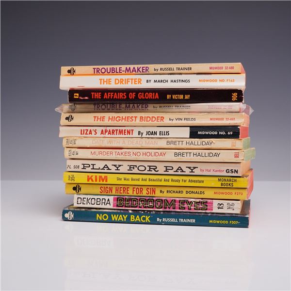 13pc Vintage Sleaze and Mystery Pulp Fiction Paperbacks. Various Publishers, 1950s-1960s.