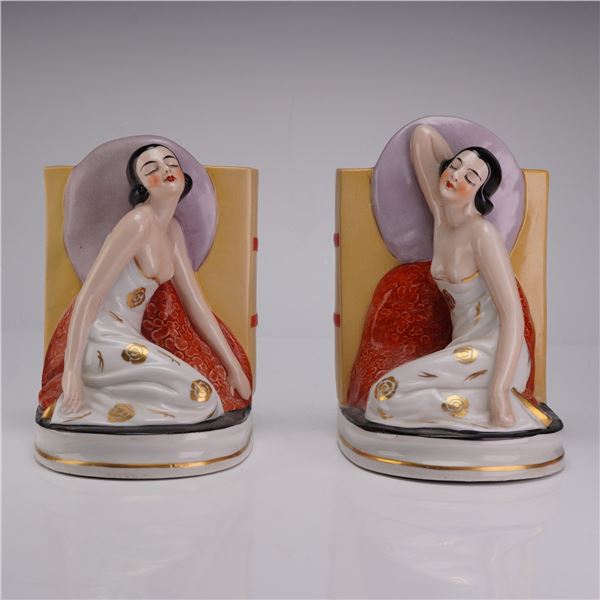 Pair of Art Deco Polychrome Porcelain Figural Bookends