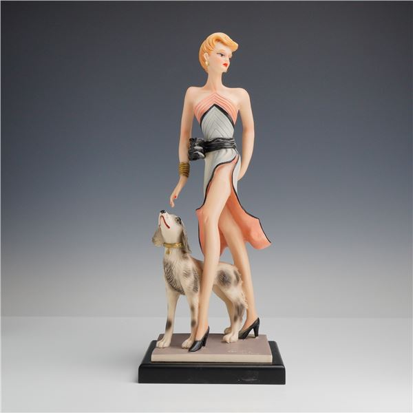 Guido Cortese Art Deco Style Figurine of a Woman Posing with Dog