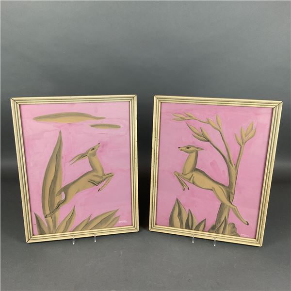 Spiegel, Pair of Mid-Century Modern Watercolor and Gouache Paintings of Deer
