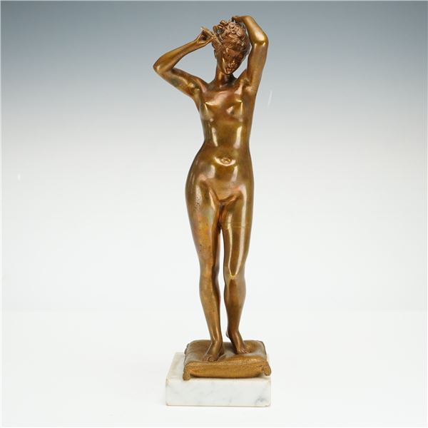 Art Nouveau Bronze Sculpture, Female Nude Combing her Hair