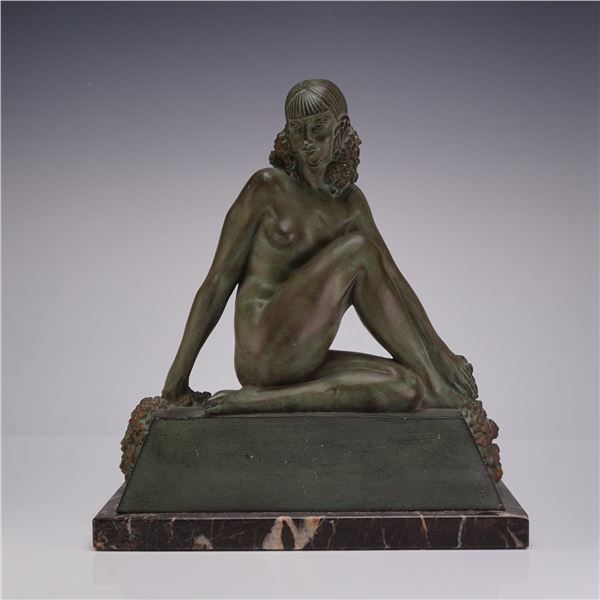 Raymonde Guerbe (French, 1894-1995), Art Deco Patinated Bronze Sculpture, Seated Nude, Signed