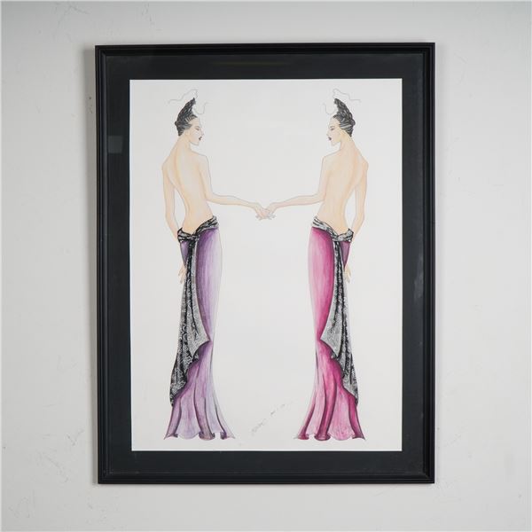 Original Art Deco Inspired Fashion Color Drawing on Paper, Signed & Dated