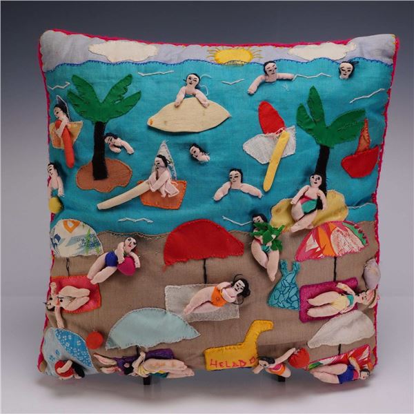 Peruvian Arpillera Folk Art Beach Scene 3D Patchwork Pillow