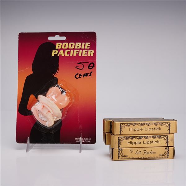 7pc Adult Novelty Gag Gifts Including Boobie Pacifier & Hippie Lipsticks