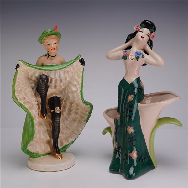 2pc Ceramic Lady Figurines, NAPCO Japan Can-Can Dancer & Kaye of Hollywood Hula Girl Flower Vase