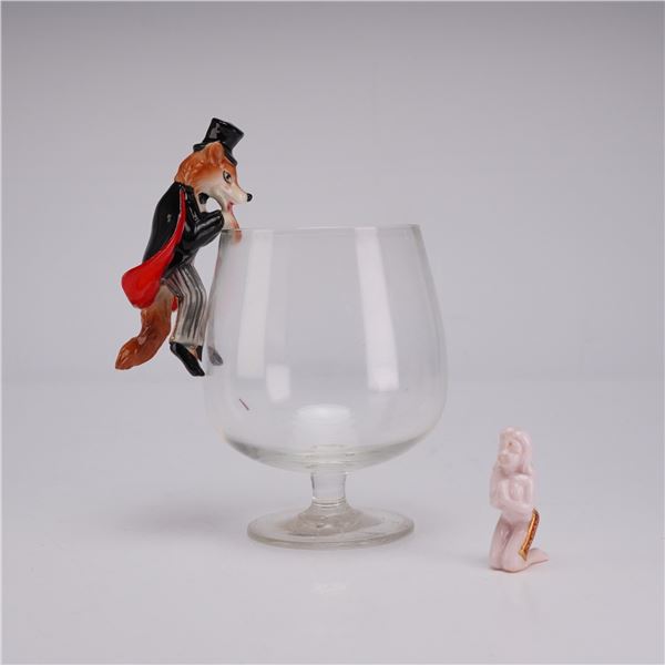 Mid-Century Japanese Novelty Barware w/ Fox Glass Sitter & Surprise Nude Figurine