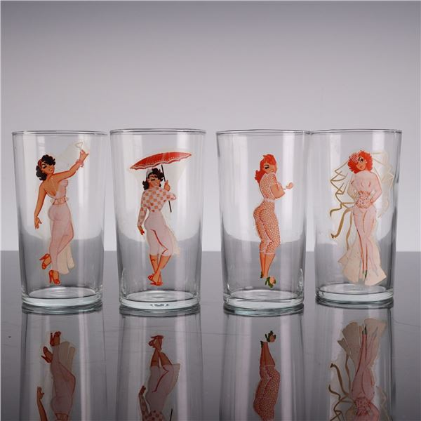 4pc Mid-Century Risque Peek-A-Boo Pin-Up Highball Glasses
