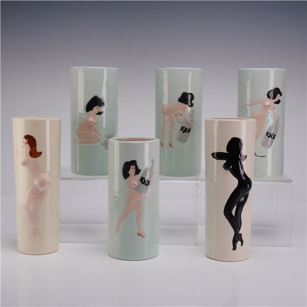 Set of Six Mid-Century Modern Ceramic Pin-Up Novelty Tall Glasses