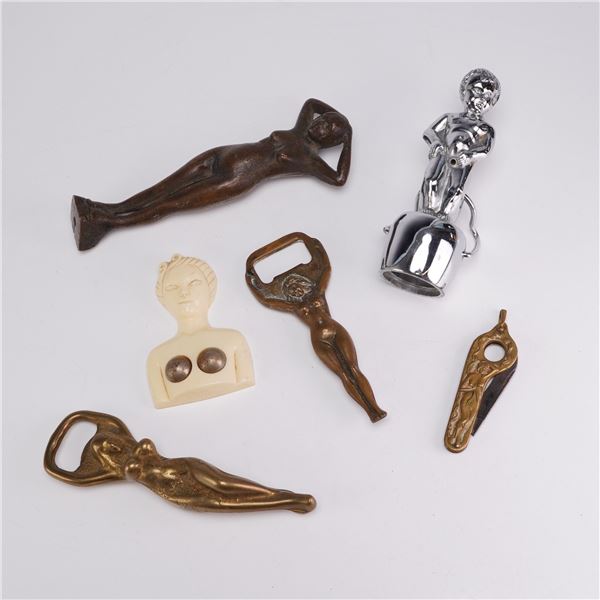 6pc Mid-Century Risque Novelties and Figural Bottle Openers
