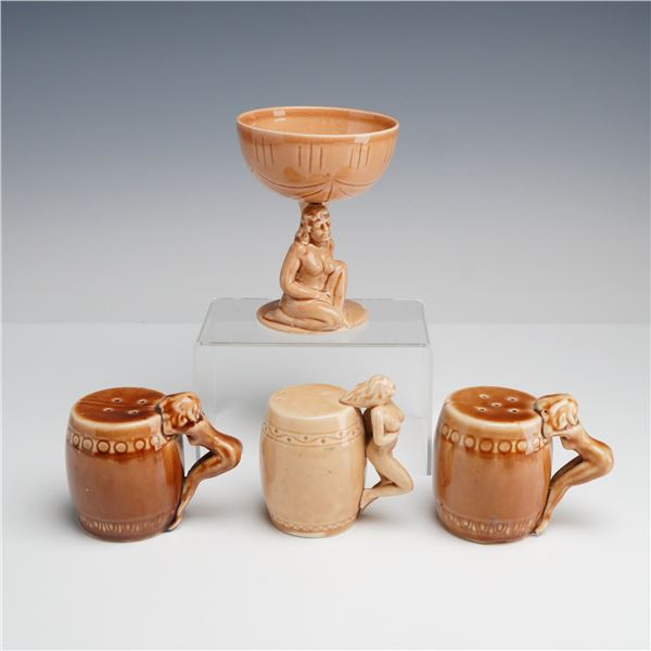 Group of Four Dorothy Kindell Strip Tease Series Ceramic Nude Shakers and Coupe