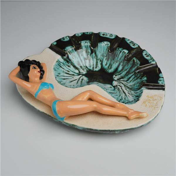 Mid-Century Ceramic Pin-up Style Girl in Blue Bikini Ashtray