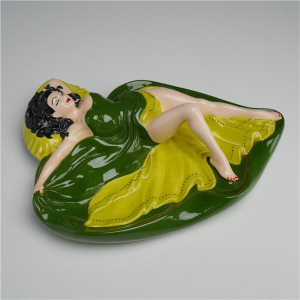 Mid-Century Ceramic Pin-up Style Girl in Green and Chartreuse Ashtray