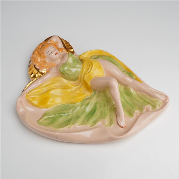 Mid-Century Ceramic Pin-Up Style Girl in Green and Yellow Ashtray