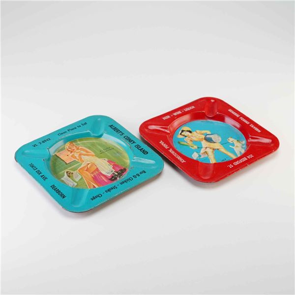 2pc Mid-20th Century Erotica Tin Pin-Up Advertising Ashtrays