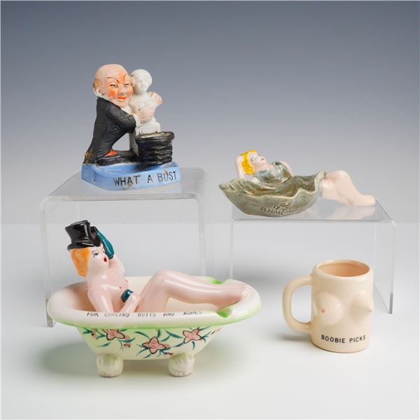 Four Risque Ceramic Vintage Novelty Barware, Toothpick Holder and Ashtrays