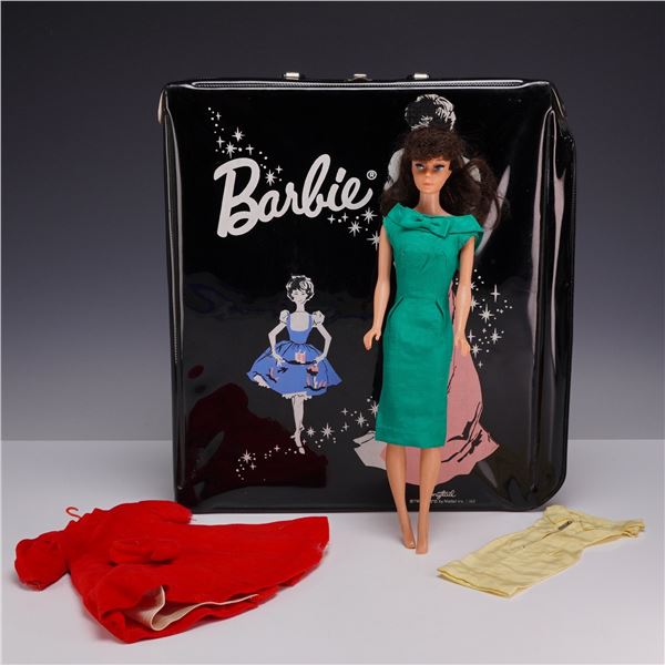 Barbie Accessory Carrying Case with Brunette Doll, Red Flair Outfit, and Yellow Dress