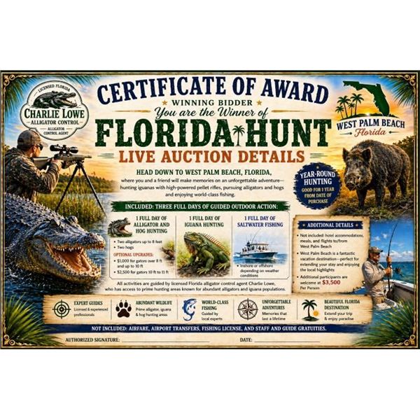 The Ultimate Florida Slam for 2! Gator, Iguana, Hogs, and Fishing included in 3 days!