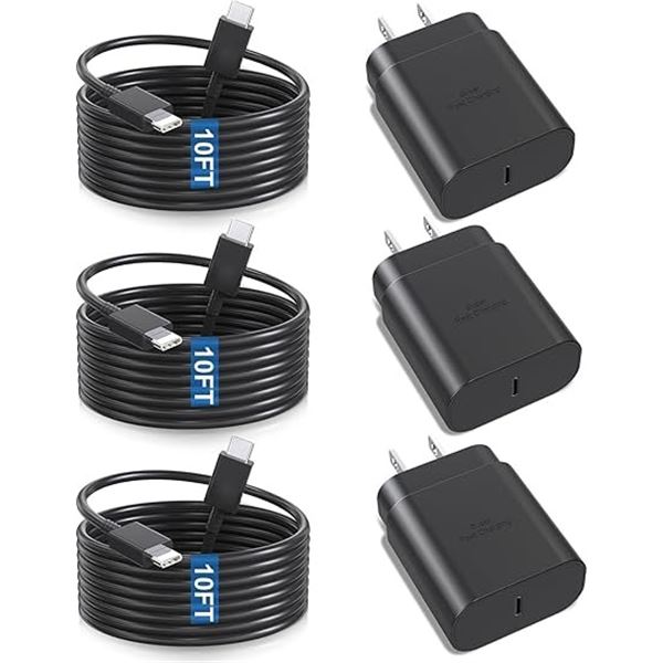 3-Pack USB-C to C Fast Charger Sets; 25W w/ 10FT Long Cords (3x Cords & 3x Wall Blocks) - New!