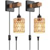 Image 1 : Set of 2 Rustic Farmhouse Design Rattan Hanging Wall Sconce Lights (Plug-In Design) - New!