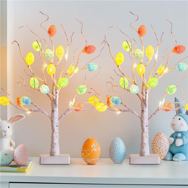 Set of 2 LED Pre-Lit Easter Tree Lamps; 22" Lamps with Colorful Eggs - Battery Operated - New