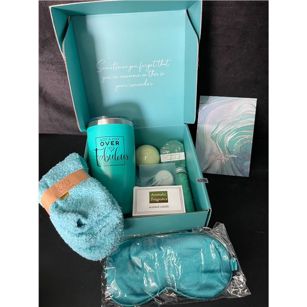 Spa/Beauty Gift Set Box for Women; Includes Mug, Candle, Fuzzy Socks, Eye Mask etc. (Blue) - New