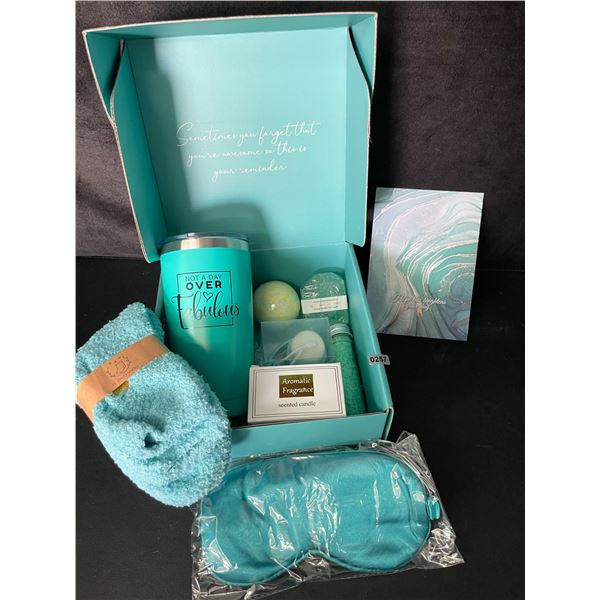 Spa/Beauty Gift Set Box for Women; Includes Mug, Candle, Fuzzy Socks, Eye Mask etc. (Blue) - New